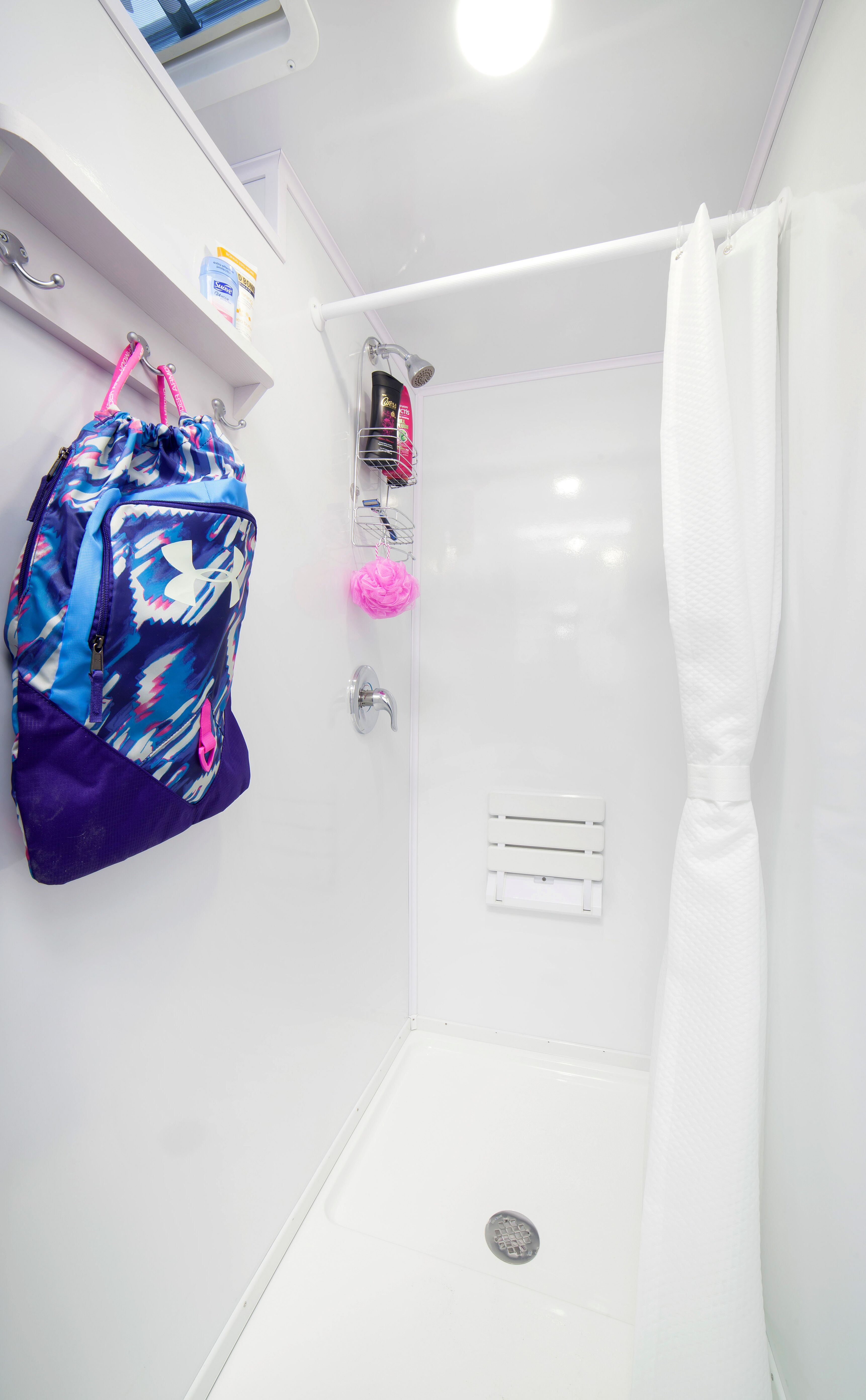 28' Shower Trailer Interior Staged Woman Mike Dailey