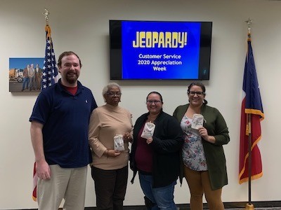 Jeopardy! contest team winners from our National Customer Service Week celebration at Gainsborough Waste and Texas Outhouse in Houston, Texas