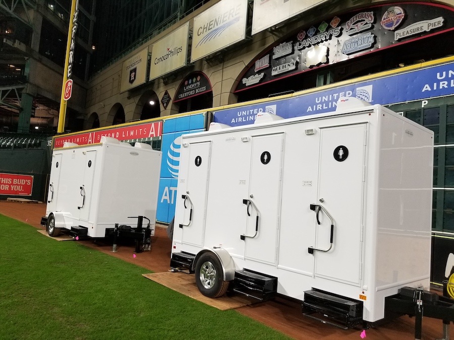 A restroom trailer rental is being used at Minute Maid Park for a local event in Houston