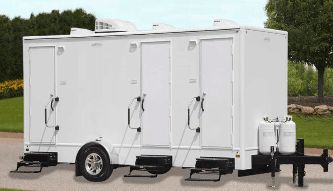 A portable restroom trailer from Texas Outhouse available for various projects