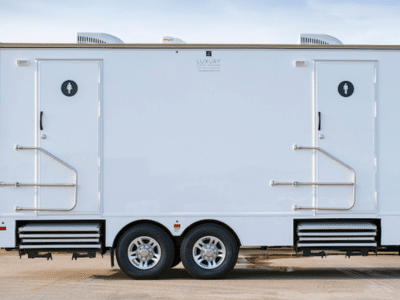 Exterior of a restroom trailer from Texas Outhouse and Luxury Event Trailers