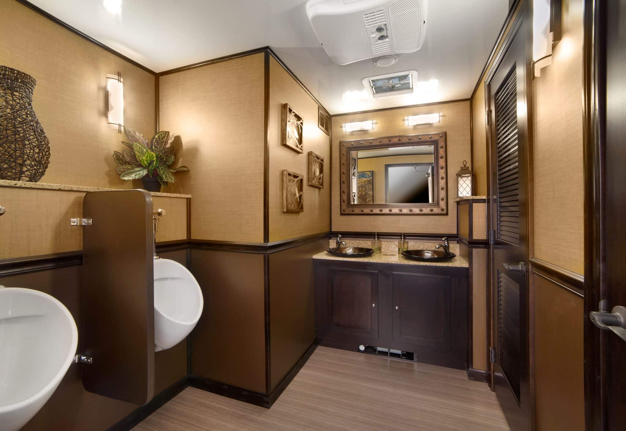 Interior of a luxury restroom trailer from Luxury Event Trailers and Texas Outhouse