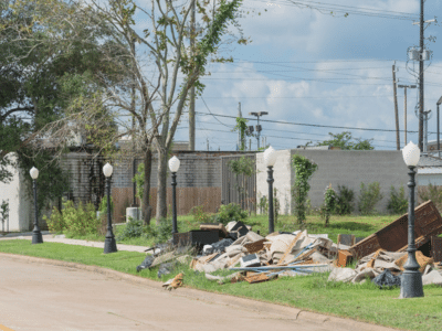 Place of business affected by disaster with a pile of debris piled up out front near the street