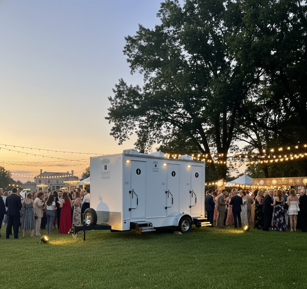 Guests at an outdoor wedding with a Luxury Event Trailer positioned as the centerpiece of the gathering