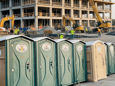 Texas Outhouse portable toilets positioned outside of a construction job site