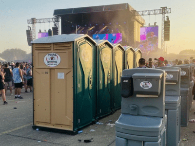 Texas Outhouse portable toilets and handwash stations positioned outside of an outdoor festival